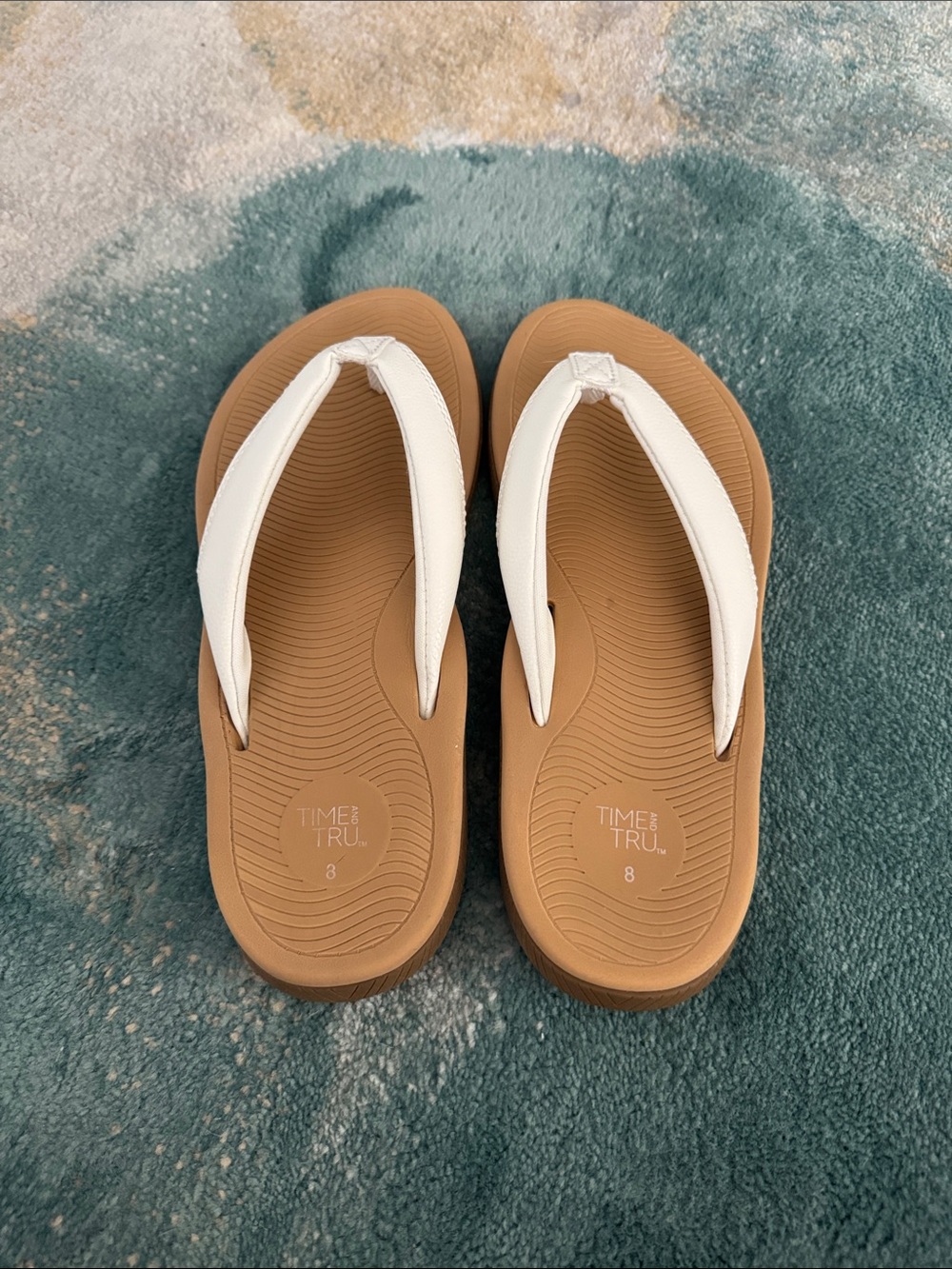 Time and Tru White Strap Tan Footbed Flip Flop Sandals